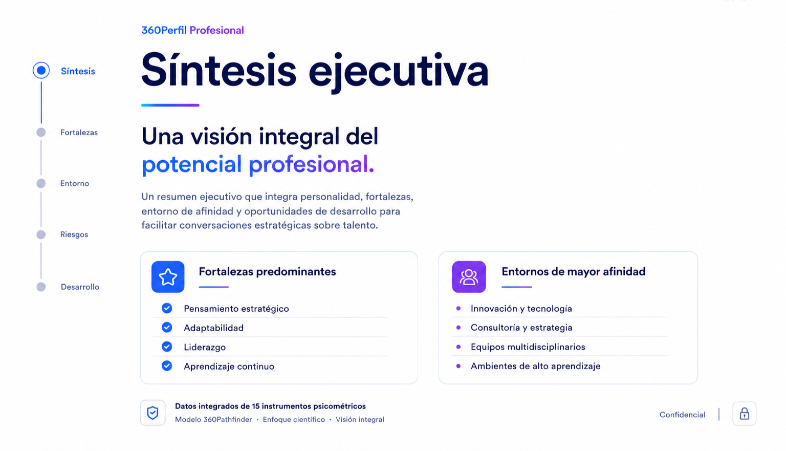 360PerfilProfesional — Síntesis ejecutiva con fortalezas y entornos de afinidad