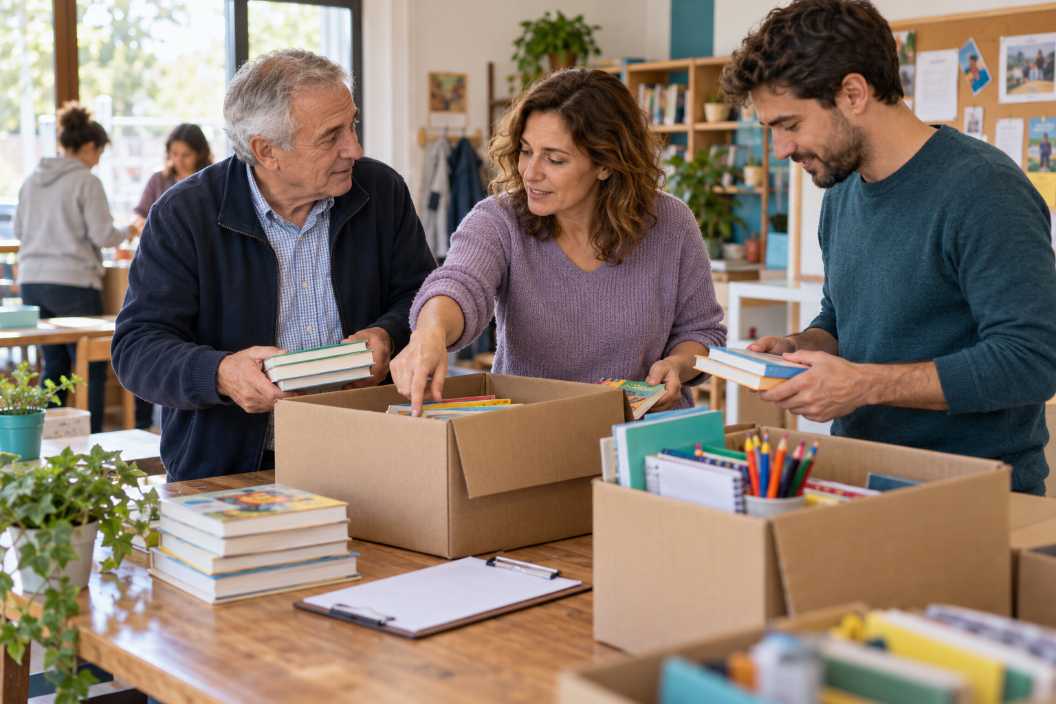 Un profesional colabora con una asociación local organizando libros y materiales para una iniciativa comunitaria