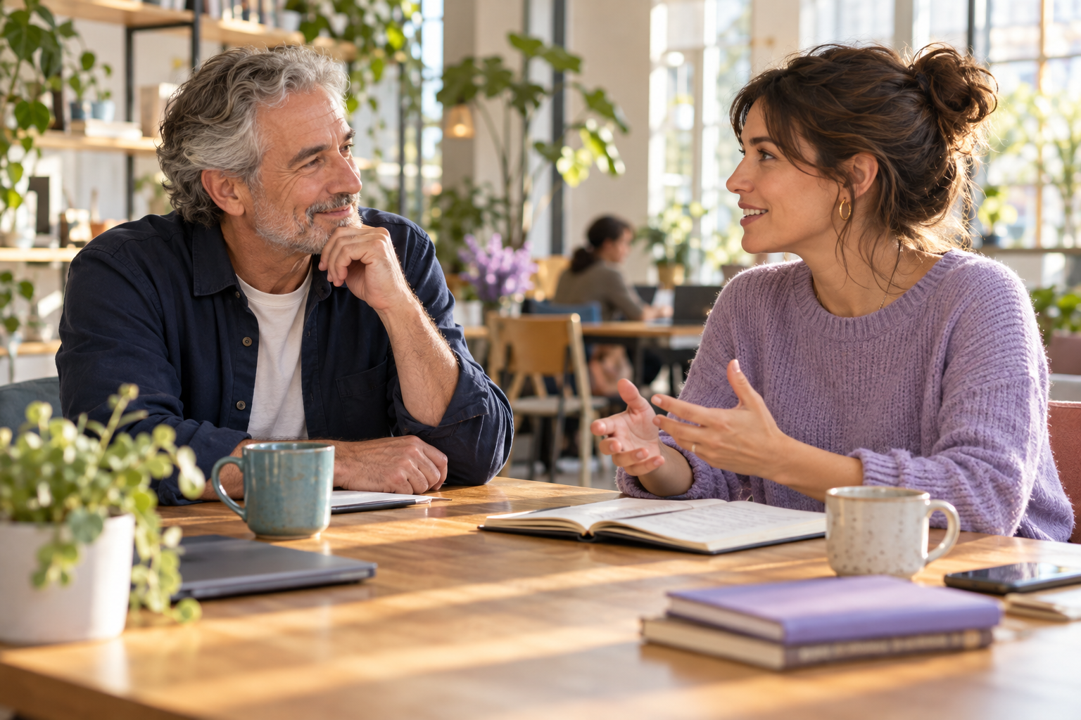 Un mentor y una profesional intercambian ideas en una conversación cercana