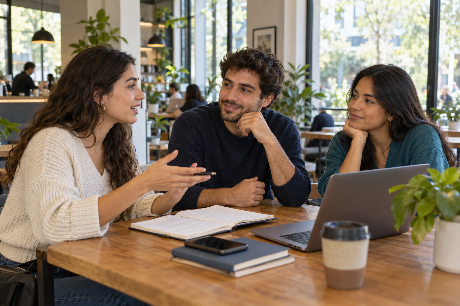 Tres jóvenes comparten ideas y escuchan distintas perspectivas alrededor de una mesa
